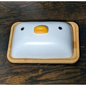 PURROOM Duck Butter Dish Countertop Bamboo Porcelain Lid Wooden Tray Storage